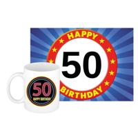 Verjaardag cadeau koffiemok 50 jaar - man - neon sign - met A5 formaat wenskaart