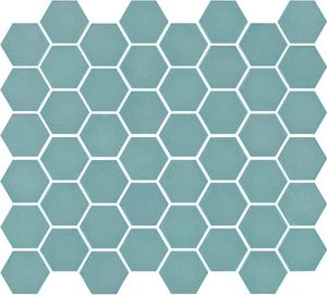 Tegelsample: The Mosaic Factory Valencia hexagon glasmozaïek tegels 28x33 turquoise mat