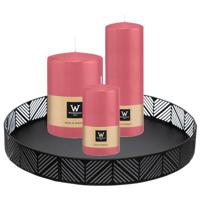 Cilinderkaarsen stompkaarsen - set van 3x - op dienblad - roze - 6 x 12 - 10x15 - 7x20 cm