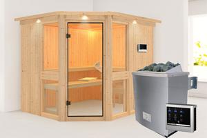 Karibu | Amelia 3 Sauna met Dakkraag | Helderglas Deur | Kachel 9 kW Externe Bediening