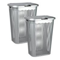 Wasmand Ventilation - 2x - met deksel - zilver - kunststof - 51 liter - 43 x 35 x 61 cm