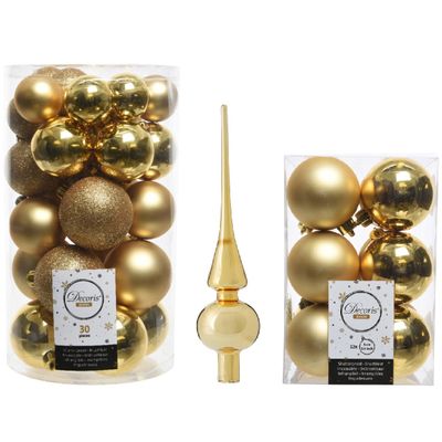 Kerstversiering kunststof kerstballen met piek goud 4-5-6 cm pakket van 43x stuks