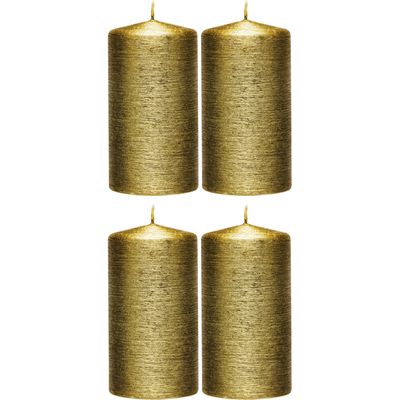 4x Gouden cilinderkaarsen/stompkaarsen 7 x 13 cm 25 branduren