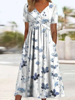 Blue Floral Casual V Neck Dress With No - thumbnail