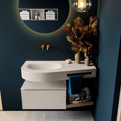 MONDIAZ RIVA 100cm badmeubel onderkast / planchet kleur Linen met 1 lade. Wastafel DULCET links 0 kraangaten kleur Linen. MONDIAZ RIVA 100cm badmeubel onderkast / planchet kleur Linen met 1 lade. Wastafel DULCET links 0 kraangaten kleur Linen.