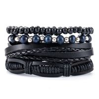 Heren armbanden Set Zwart Leer blauwe kralen - thumbnail