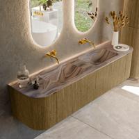 Badmeubel Mondiaz Kurve-Dlux | 180 cm | Meubelkleur Dusk | Wastafelkleur Sombra | Solid surface | Wasbak beide zijden spoelbak | Zonder kraangat(en)