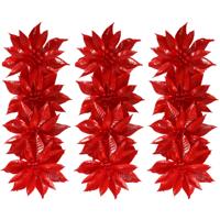 Decoratie bloemen - op clip - 12x - rood - 9,5 cm - kunststof - kerstbloemen