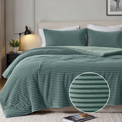 Dekbedovertrek Teddy Rib - Lits-Jumeaux (240x220 Cm) - Zacht Groen Microvezel Teddy - Strepen - Fresh And Co - Dekbed-Discounter.nl