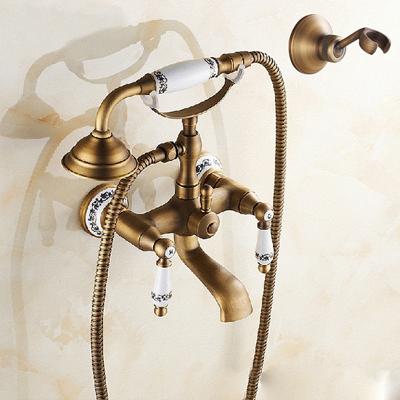 Antieke koperen muur gemonteerde badkamer tub kraan Dual keramiek behandelt telefoon stijl hand douche specificatie: telefoon douche + vaste zitting