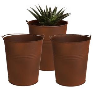 Plantenpot/bloempot emmer voor buiten - 3x - zink - roestbruin - D13 x H14 cm