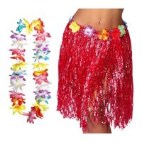 Hawaii verkleed hoela rokje en bloemenkrans met led - volwassenen - rood - tropisch themafeest - thumbnail