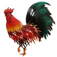 Tuinbeeld haan - metaal - 28 x 30 cm - rood/groen - tuin decoratie - kippen
