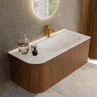 Mondiaz KURVE-DLUX 105 cm Onderkast Greeploos 1 Lade Met Deuren Walnut, Wastafel Solid Surface Rechts Opalo 1 Kraangat Zonder Spiegel (KRVBGS105L1L1D1KR-Wal/Opa)