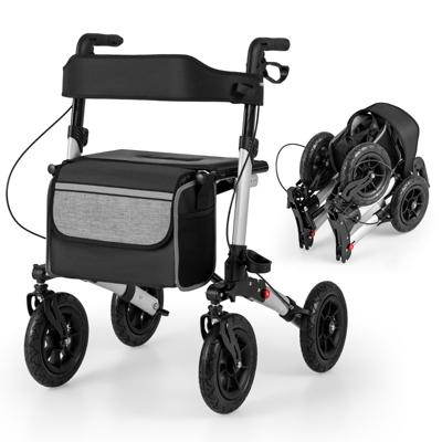 2-in-1 Rolstoel & Reisrollator Loophulp Rollator met Luchtbanden en Zitting 7-Voudig in Hoogte Verstelbaar Opvouwbaar en Licht-Zilver