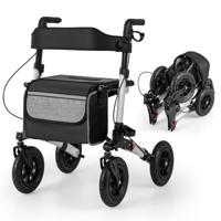 2-in-1 Rolstoel & Reisrollator Loophulp Rollator met Luchtbanden en Zitting 7-Voudig in Hoogte Verstelbaar Opvouwbaar en Licht-Zilver