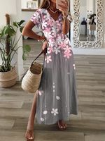 Casual Floral Short Sleeve V Neck Printed Dress - thumbnail