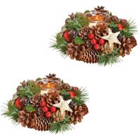 Kerststukje - 3x stuks - krans - met windlichtje - 17 cm - tafeldecoratie