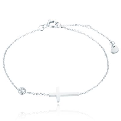 Zilverkleurige Schakelarmband met Steentje en Kruis