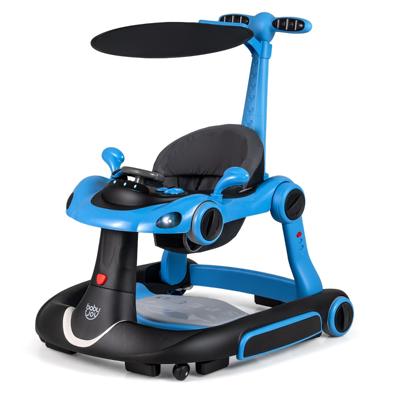 7-in-1 Loopstoeltje met Kap Loopwagen met Instelbare Hoogte en Snelheid Opvouwbare Babywalker met Speelbord Muziek Licht en Wielen Loopstoeltje voor Baby's vanaf 6 Maanden-Blauw