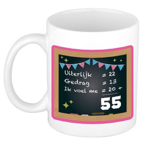 Verjaardag cadeau mok 55 jaar - roze - rekenen - 300 ml - keramiek