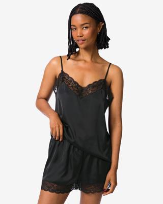 HEMA Damespyjama satijn met kant zwart (zwart)