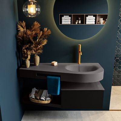 MONDIAZ RIVA 120cm badmeubel onderkast / planchet kleur Urban met 1 lade. Wastafel DULCET rechts 1 kraangat kleur Dark_Grey. MONDIAZ RIVA 120cm badmeubel onderkast / planchet kleur Urban met 1 lade. Wastafel DULCET rechts 1 kraangat kleur Dark_Grey.