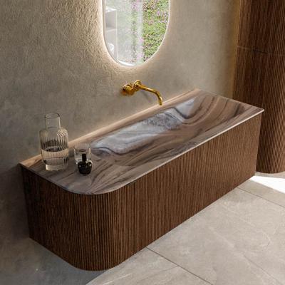Badmeubel Mondiaz Kurve-Dlux | 125 cm | Meubelkleur Walnut | Wastafelkleur Sombra | Solid surface | Wasbak rechter zijde spoelbak | Zonder kraangat(en)