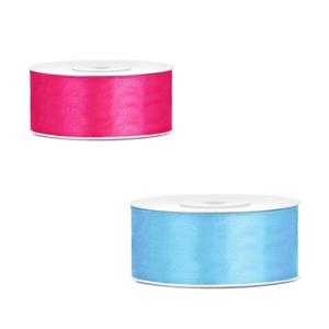 Bellatio decorations 2x rollen satijn cadeaulint/sierlint - 2.5 cm x 25 meter - roze en lichtblauw