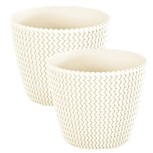 Set van 2x stuks plantenpotten/bloempotten kunststof dia 13 cm en hoogte 11 cm creme wit - Plantenpotten