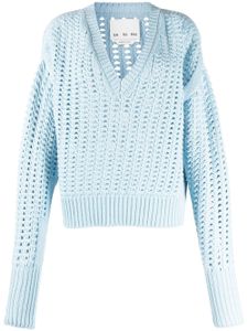 SA SU PHI pull en maille ajourée à col v - Bleu