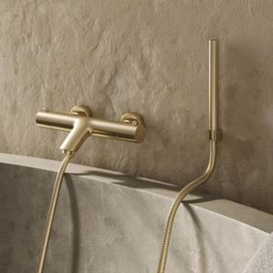 Badkraan SaniClear Brass | Opbouw | Thermostaatkraan | Incl.Handdoucheset | 2-weg | 2-knops | Rond | Geborsteld messing - mat goud