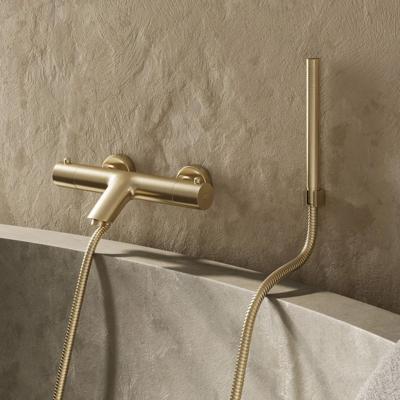 Badkraan SaniClear Brass | Opbouw | Thermostaatkraan | Incl.Handdoucheset | 2-weg | 2-knops | Rond | Geborsteld messing - mat goud
