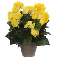 Mica Decorations Kunstplant - Begonia - geel - 30 cm - grijze pot   -
