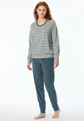 Dames pyjama badstof - Streep - Warme winter pyjama lange mouwen - Ronde hals - Met boordjes