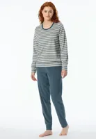 Dames pyjama badstof - Streep - Warme winter pyjama lange mouwen - Ronde hals - Met boordjes