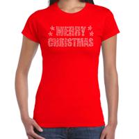 Glitter kersttrui t-shirt - rood - Merry Christmas - glitter steentjes / rhinestones - voor dames