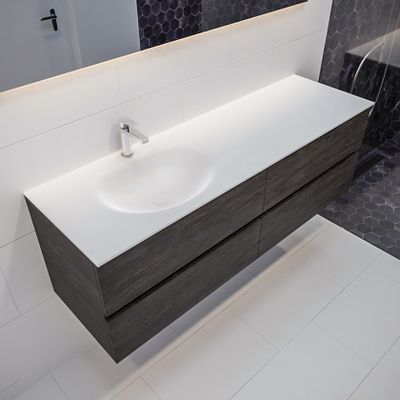 Mondiaz Vica Moon badmeubel eiken donker bruin 150 cm 4 lades solid surface enkele spoelbak links 1 kraangat