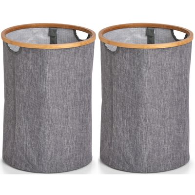 2x Ronde grijze wasmanden van stof 36 x 50 cm