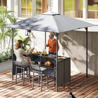 Grillpaviljoen met Bar en 2 Stoelen Tuinpaviljoen met Dubbele Dak 3-delig Bar set Grijs