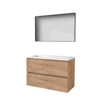 Basic-Line Framed 46 Badkamermeubelset - 100 x 46 cm - Greeploos - 2 Lades - Acryl Wastafel - 2 Kraangaten - Spiegel met Zwart Aluminium Frame - Whisky Oak