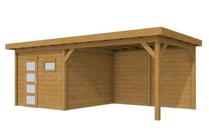 Woodvision Douglas Tuinhuis Topvision Raaf Groen geïmpregneerd 303x303 cm + luifel 400 cm- Plat dak- Geïmpregneerd lariks Douglas hout- Woodvision