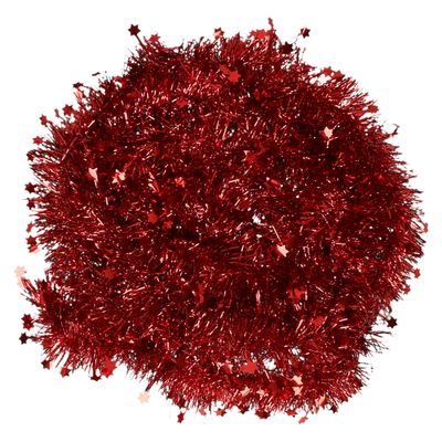Decoris kerstslinger - rood - sterren - 270 x 7 cm - glans - lametta/folie/tinsel