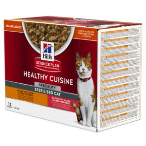 Hill&apos;s Healthy Cuisine Adult Sterilised stoofpotje voor kat met kip & groenten, met zalm & groenten maaltijdzakje combipack 2 dozen (24 x 80 g)
