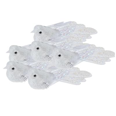 Kerstboomversiering Vogel - 6x stuks - 10 cm - Wit glitter - op clip - ornament