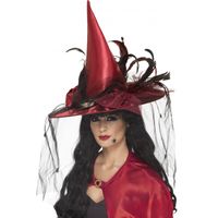 Donkerrode heksen hoed met veren   -