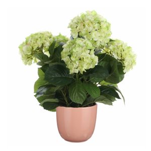 Hortensia kunstplant/kunstbloemen 45 cm - groen - in pot roze glans