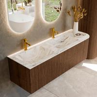 Badmeubel Mondiaz Kurve-Dlux | 145 cm | Meubelkleur Walnut | Wastafelkleur Glace | Solid surface | Dubbele spoelbak | 2 kraangaten