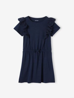 Jurk met ruches van Engels borduurwerk marineblauw