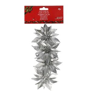 Decoratie bloemen - op clip - 4x - zilver - 9,5 cm - kunststof - kerstbloemen